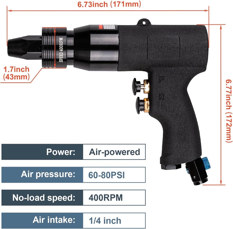 Clatoon Pneumatic Rivet Nut Gun with 10-24 & 1/4 & 5/16 & 3/8 Self-Locking Head, Adjustable Speed Air Rivet Gun, Air Rivet Nut Tool Kit with 4 Size Quick-Change, 6pcs Mandrels Included with Each Size - Image 3
